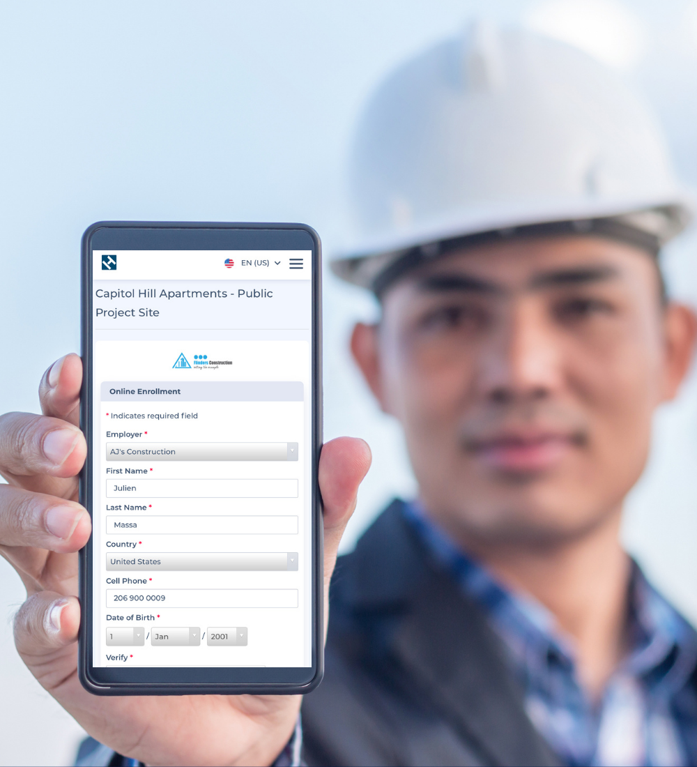 Construction worker enrolls digitally with HammerTech's EHS platform on a mobile device, streamlining onboarding for faster project productivity and efficiency.