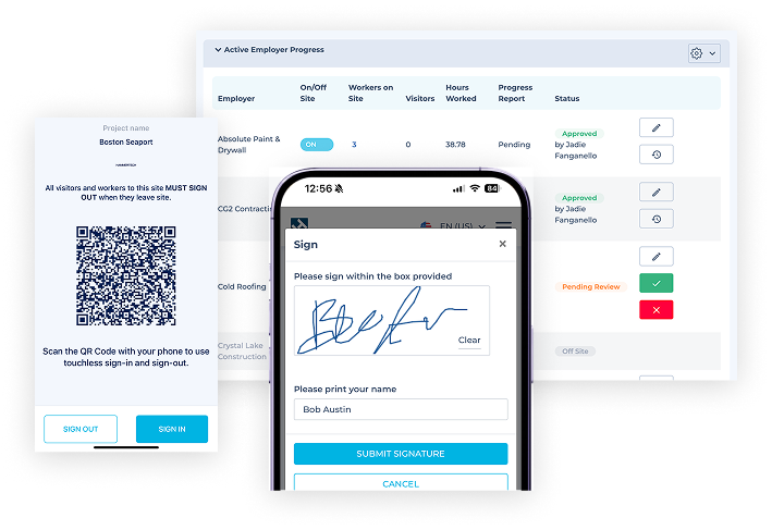 The digitized mobile sign in using QR codes, mobile signatures and approvals, and a dashboard showing who is and is not on site.