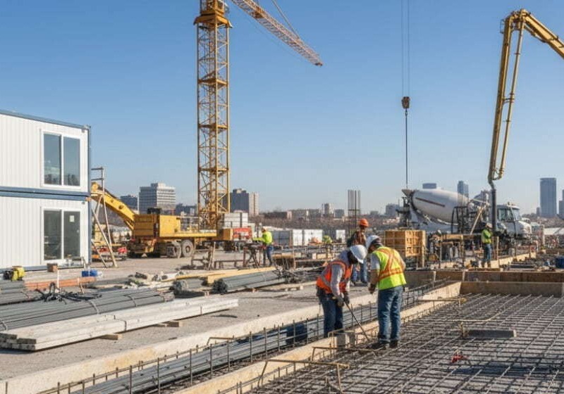 Image of construction workers on a job site and supplies representing EPC segment of job site using HammerTech for construction safety