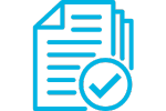 Icon of layered papers with a check mark in a circle, representing 
