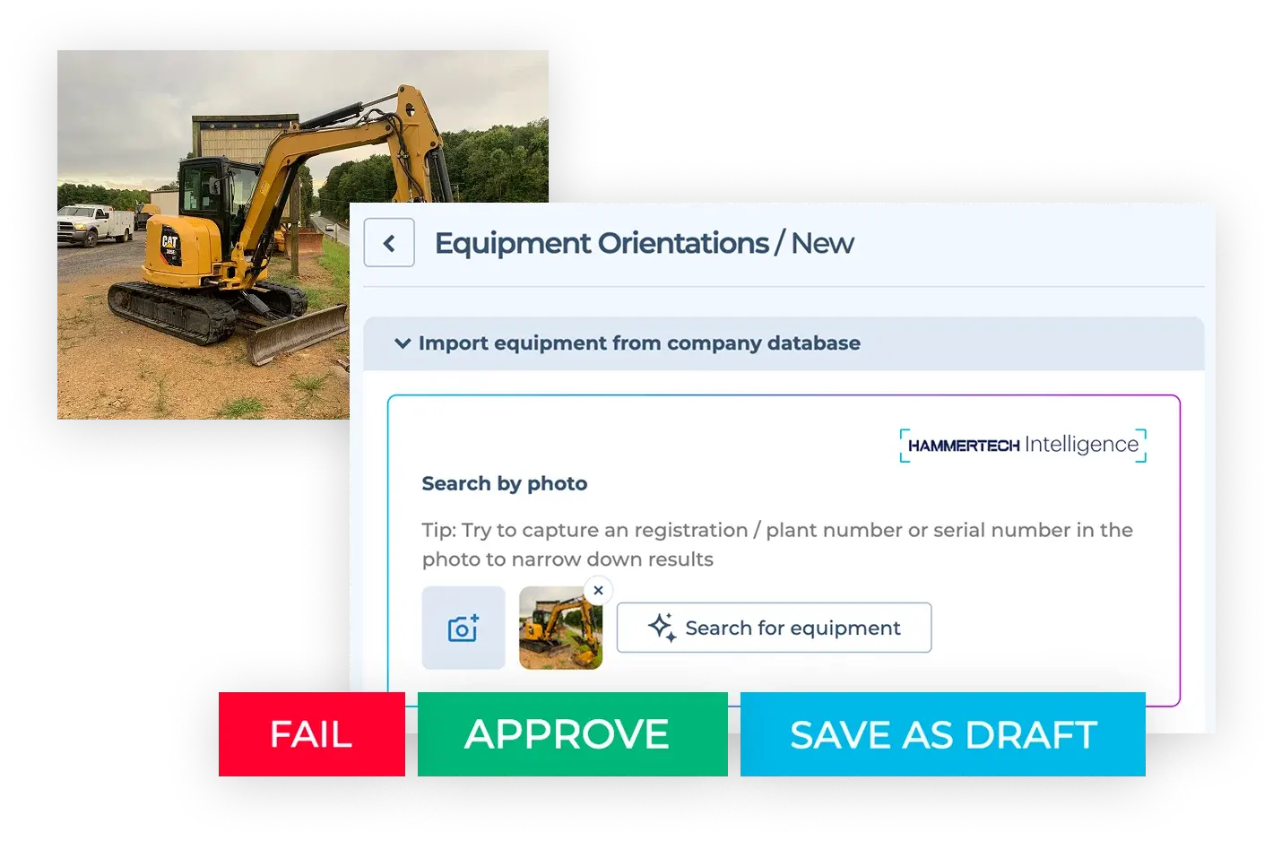Mobile photo upload using HammerTech Intelligence to identify an excavator and import equipment details.