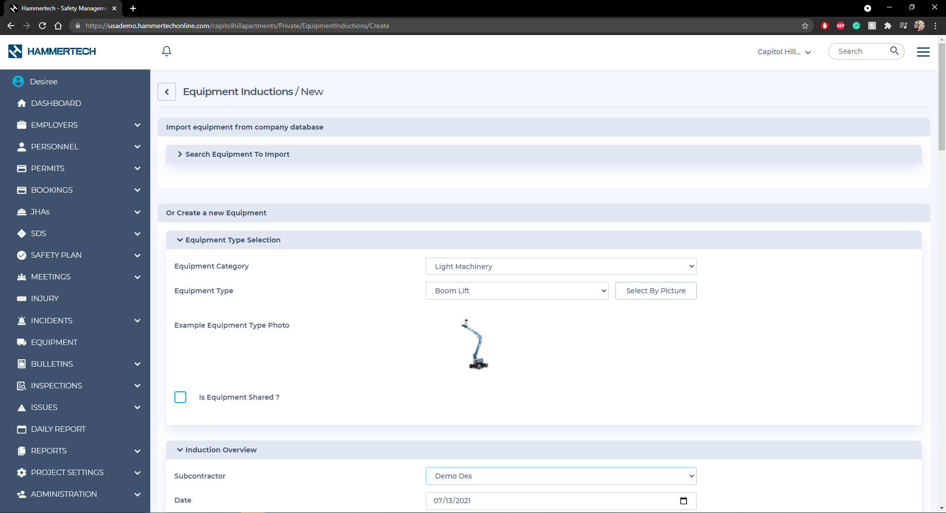 Construction equipment safety management: Screenshot of HammerTech's Equipment Inductions module, a tool for efficient equipment registration, compliance, and risk management in the construction industry.