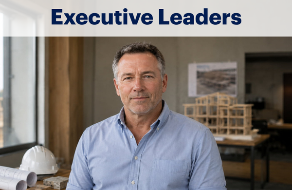 Image of a commercial construction executive leader who uses HammerTech construction safety software. There is a model of a building behind him and a hard hat and plans behind him.