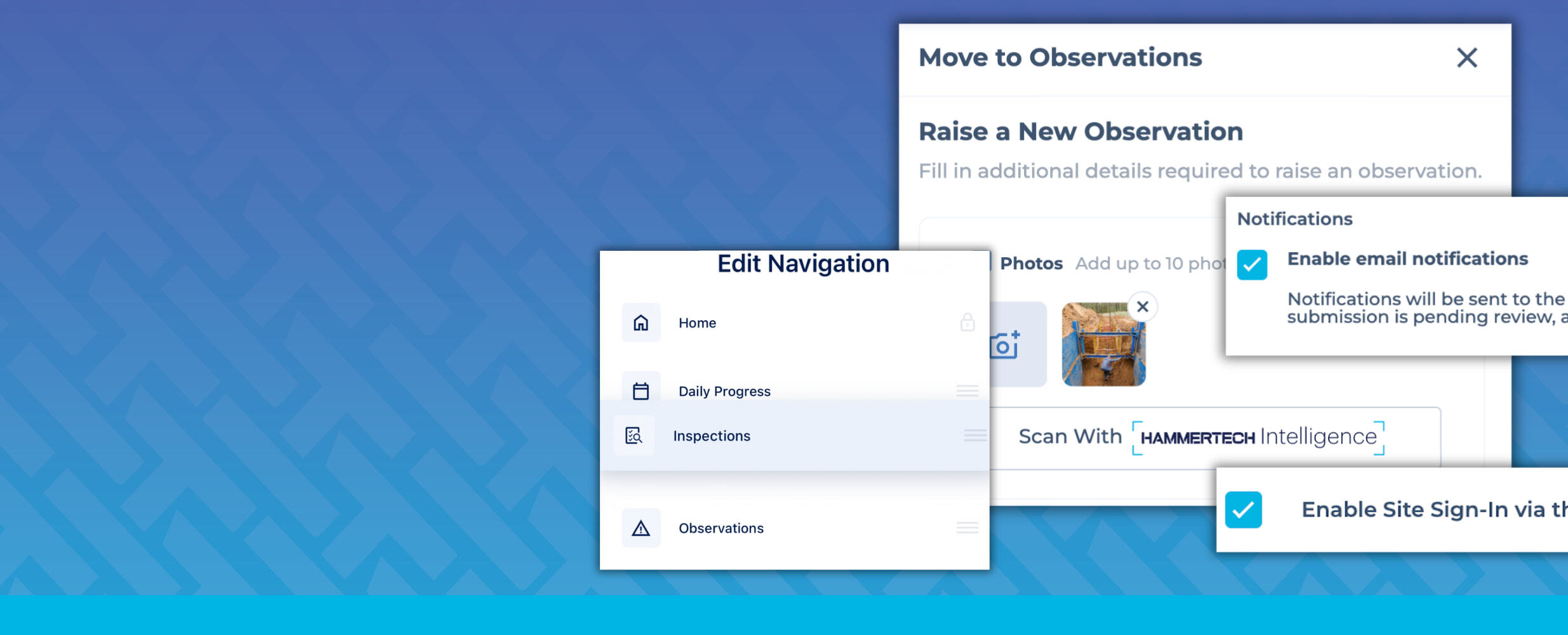 HammerTech platform interface with “Edit Navigation” panel with Home, Daily Progress, Inspections, and Observations; a “Raise a New Observation” form with photo upload and email notification toggle; a “Scan with HammerTech Intelligence” option; and a setting to enable site sign-in via a meeting
