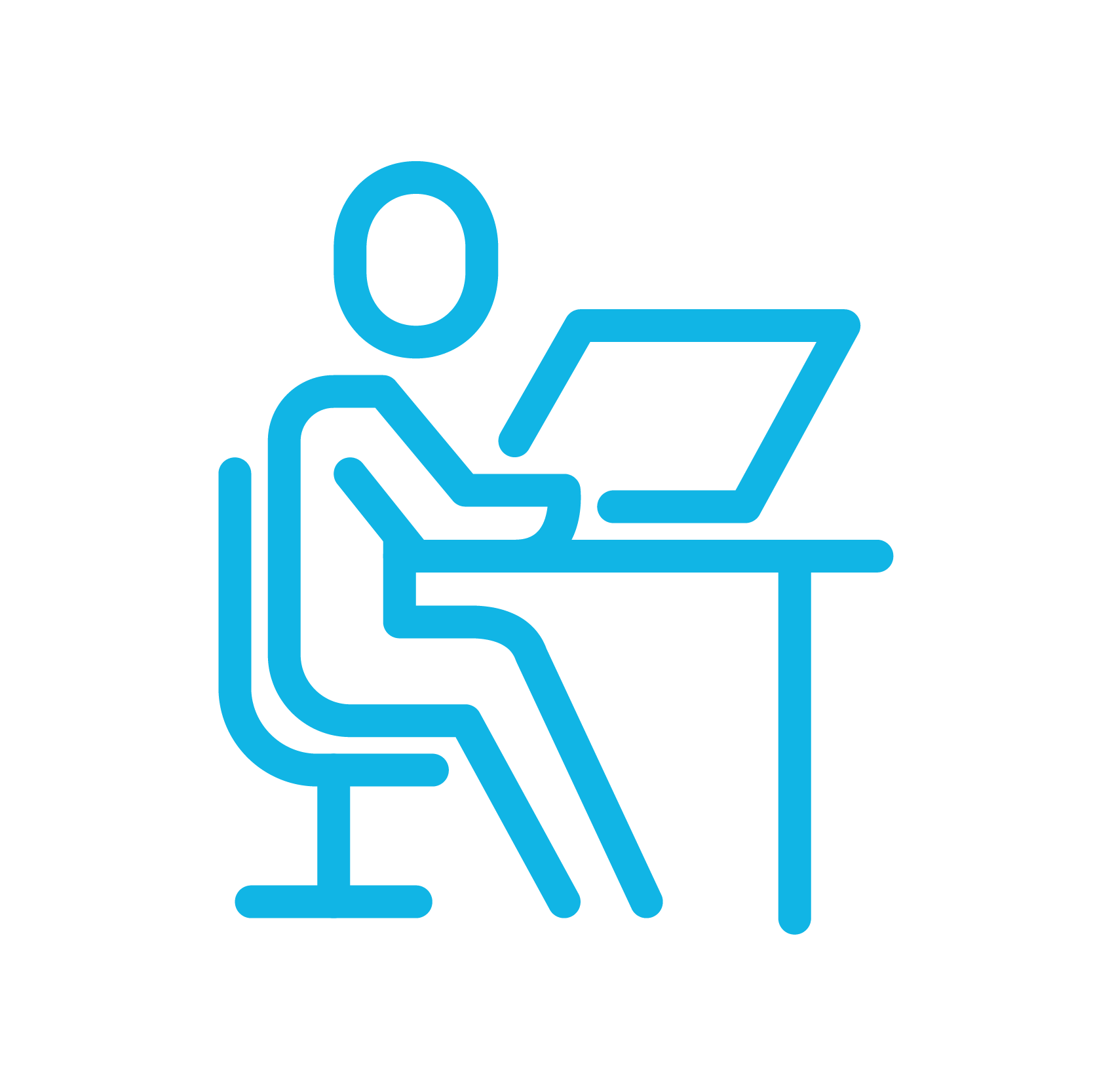 Comprehensive Training - Icon of a person sitting at a desk with a computer in front of them.  This represents the fact that HammerTech offers in-person and/or virtual training options for a smooth onboarding process.