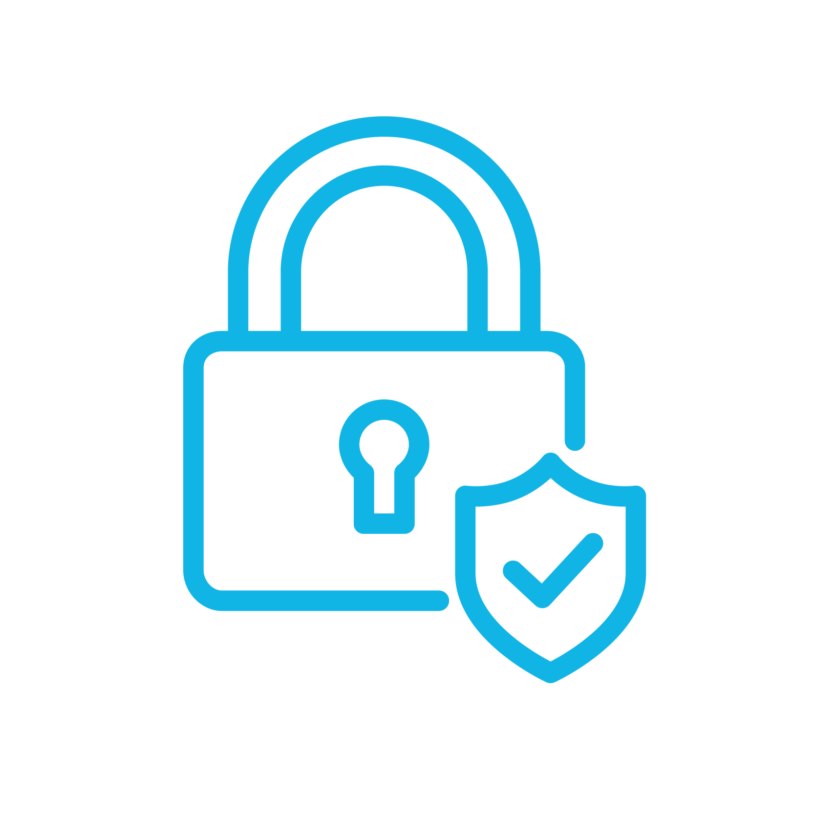 Advanced Security - This is an icon of a lock with a shield in front of it, and a check-mark on the shield.  This represents the advanced security of information on HammerTech's platform, which exceeds industry standards for data protection, compliance, performance and usability.