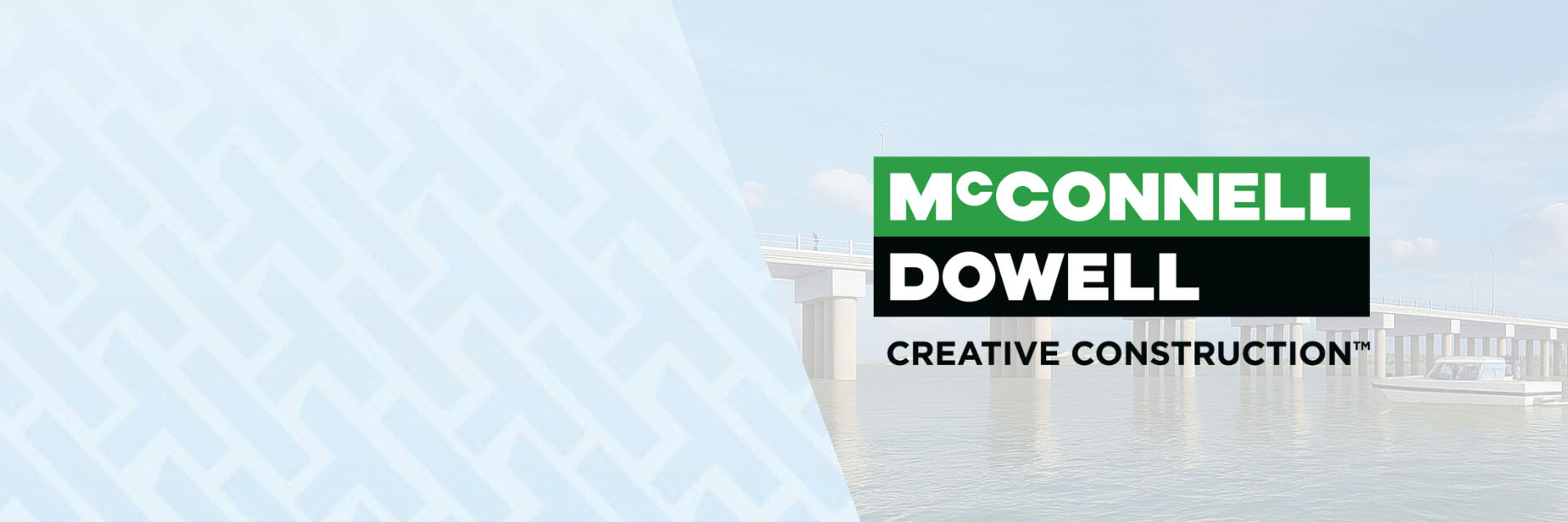 Shows McConnell Dowell Creative Construction logo over a bridge project.