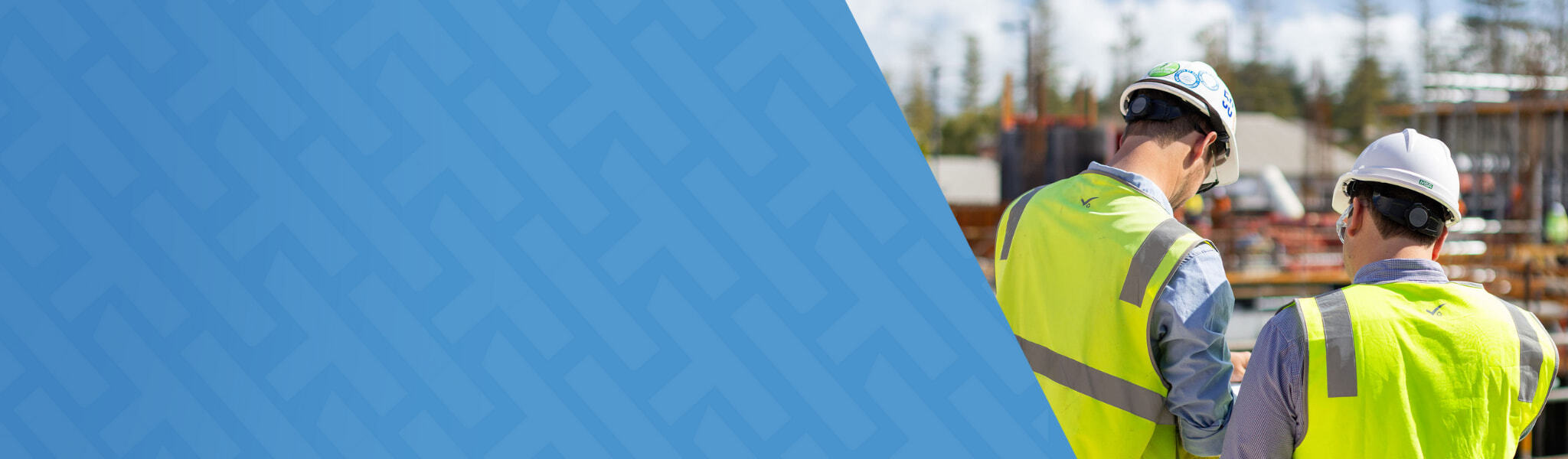 HammerTech patterned background on the left, and two construction workers on the right on a job site discussing safety.