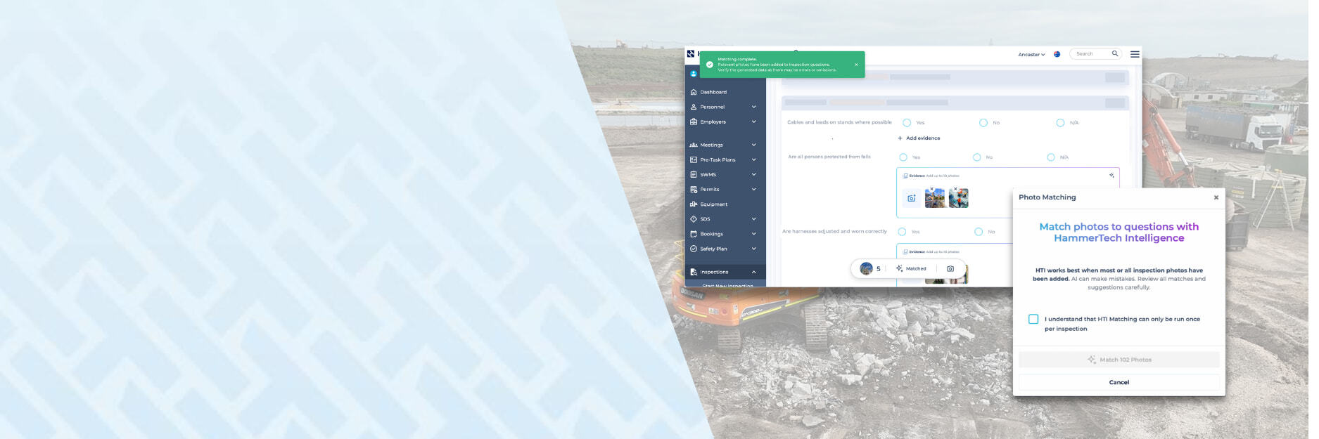 HammerTech dashboard showing the evidence field and inspection gallery using the AI Photo Evidence Recognition feature as well to speed up reviews.