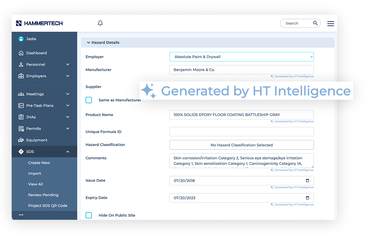 HammerTech Intelligence AI in Construction Safety - Better Records Captured Right using generated SDS information with AI reading the labels, as shown in this HammerTech dashboard.