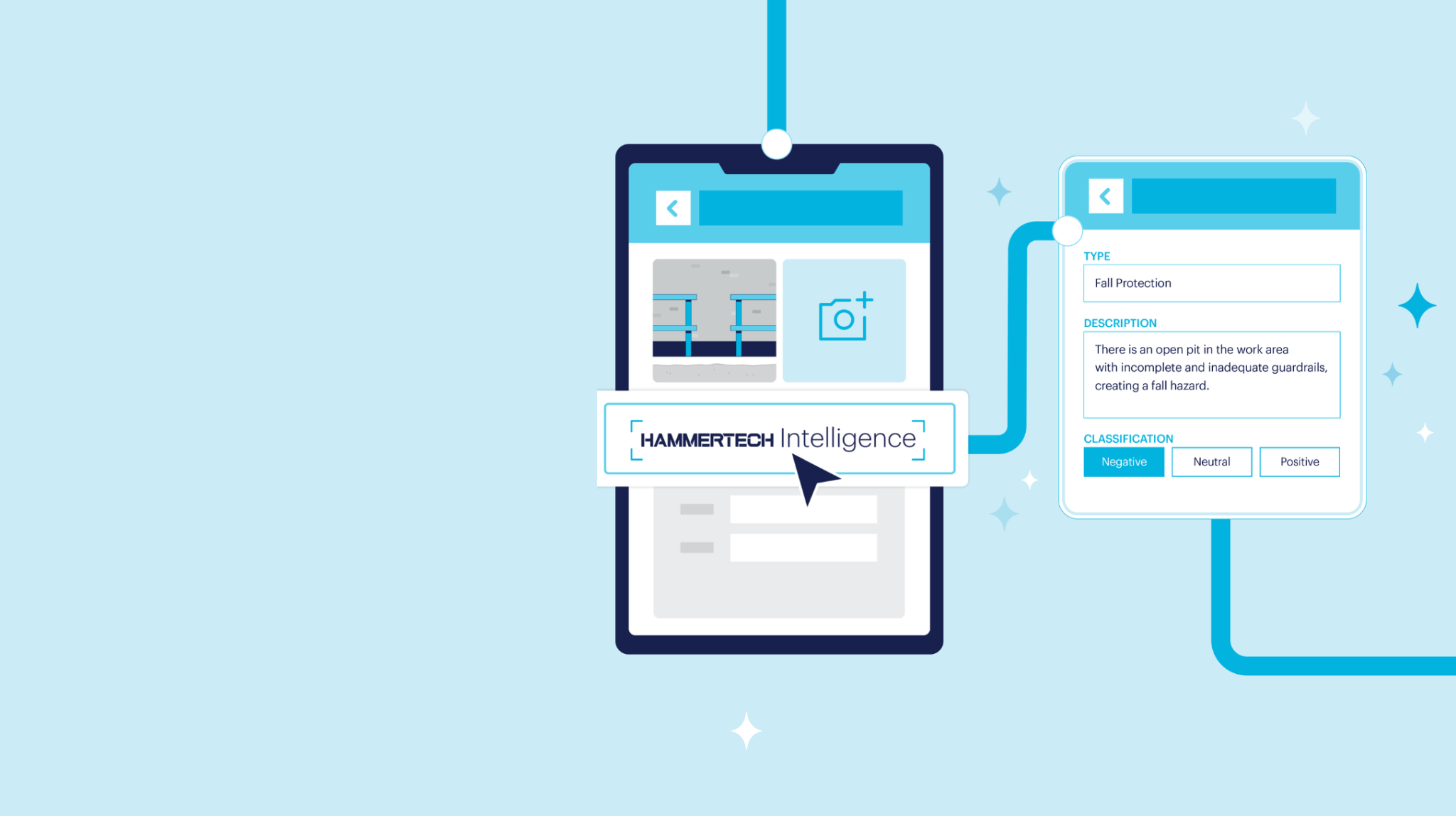 HammerTech Intelligence showing on an illustrated tablet being clicked for an AI-generated safety observation, and the output connected by blue line. This is part of the new AI-toolset within HammerTech
