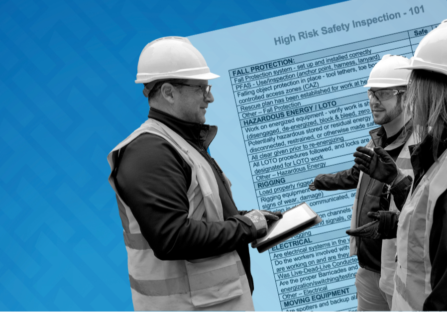 Image of 3 construction workers discussion high risk safety overlapping an image of a high-risk inspection checklist.