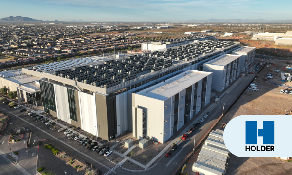 Nearly completed Holder-built data center construction project using HammerTech safety platform. Ariel view. Shows the Holder logo in the bottom-right corner.