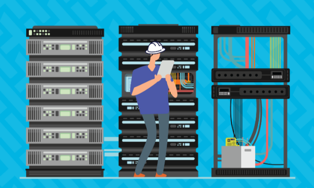 Illustration of a data center and construction worker for the Safety at Scale blog