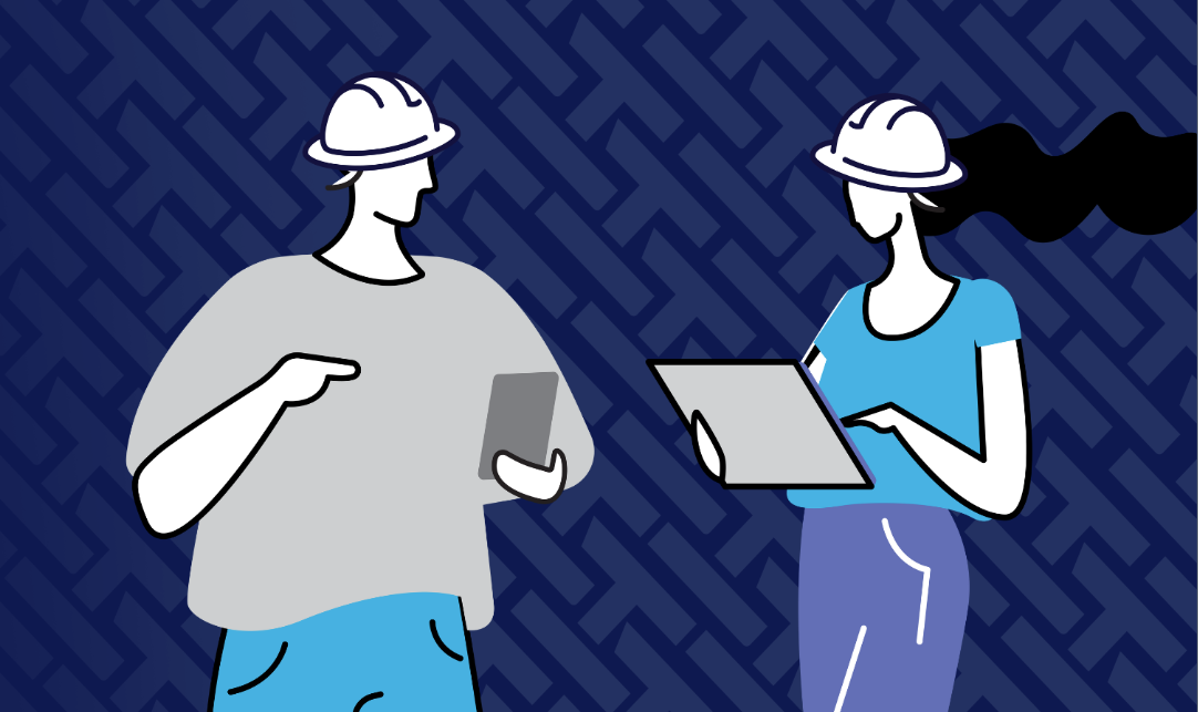 Illustration of male and female construction worker with hardhat using a tablet and mobile phone to access HammerTech