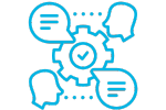 Icon of two chat bubbles and people, communicating over a gear box and check mark. This represents 