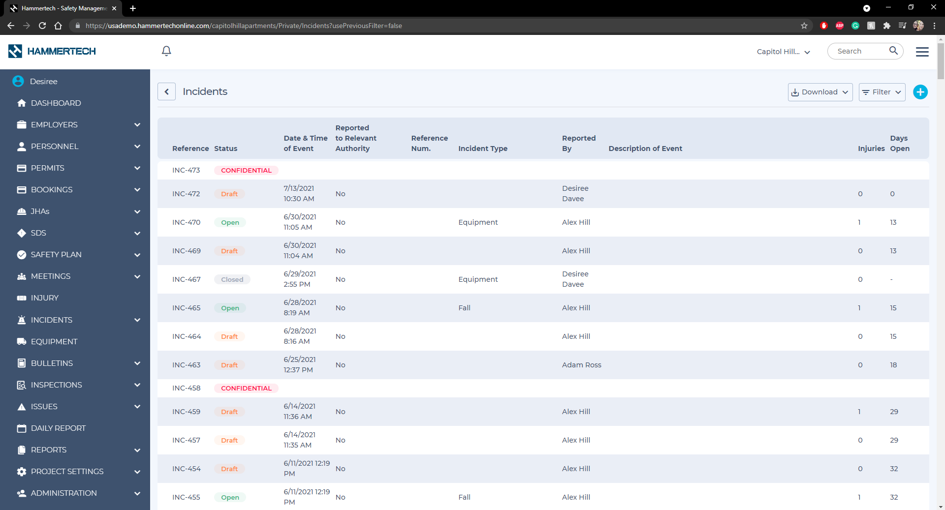 Construction site incident management tool: Detailed view of HammerTech's Incident Management Module, enabling efficient recording, tracking, and analysis of construction incidents - a powerful application for ensuring construction site safety and regulatory compliance.