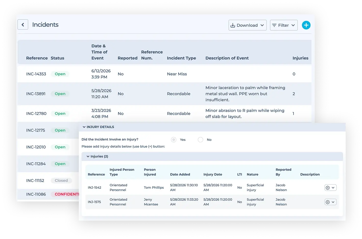 HammerTech dashboard showing open and closed incident reports, and types, and descriptions, and follow up.