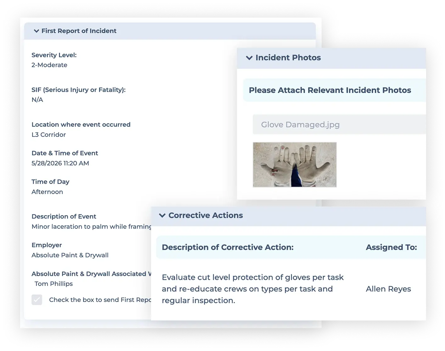 HammerTech Platform showing first report of incident, incident photos, and corrective actions.