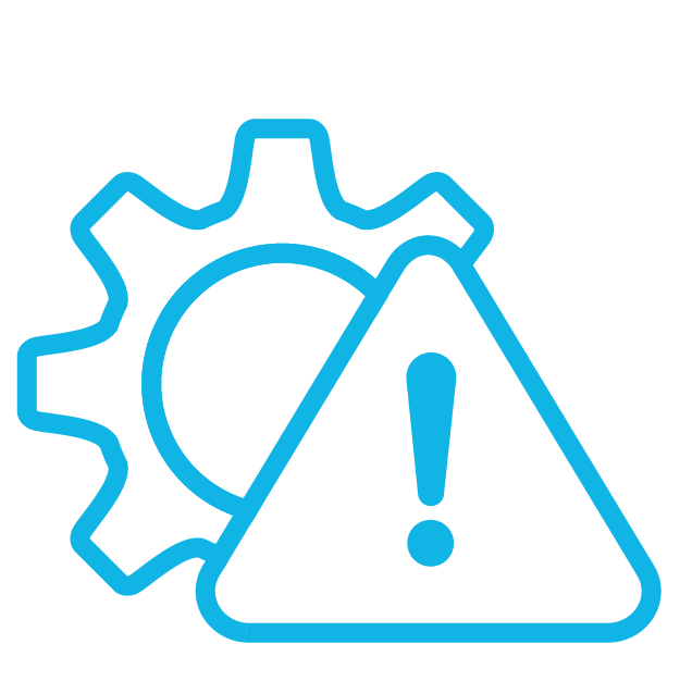 An icon of a gear with an icon of a warning sign in front of it, signifying the inefficient and time-consuming paper-based processes when not using a construction safety software platform like HammerTech. 