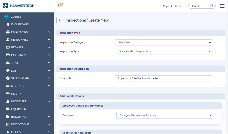 Screenshot of HammerTech's customizable inspections module, showcasing options for inspection type and description. The image emphasizes the adaptability of the EHS platform to meet diverse inspection requirements of general contractors, enhancing compliance and safety on construction sites.