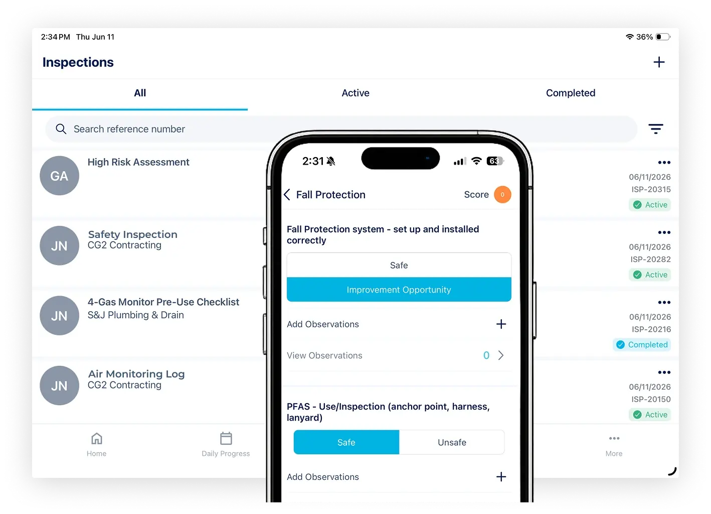 HammerTech desktop and mobile platform showing a list of inspections, types, completion status, and how easy it is to add a new inspection in HammerTech