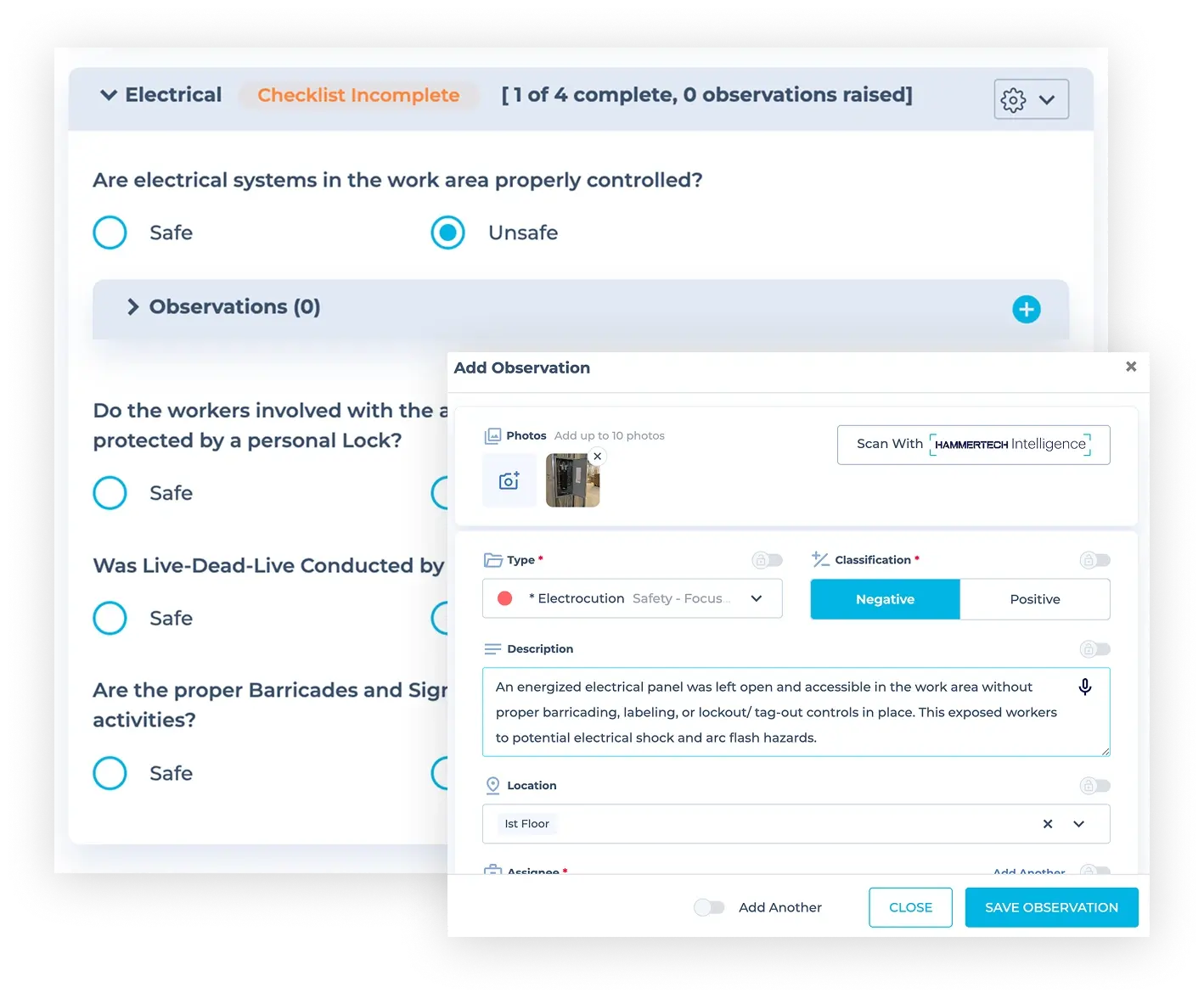 HammerTech dashboard showing electrical checklist and an observation dashboard using HammerTech Intelligence AI.