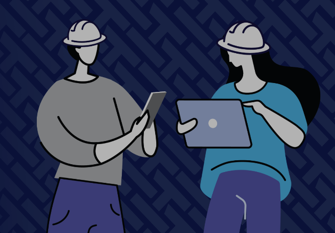 Illustration of two construction workers using mobile devices to review job hazard analysis