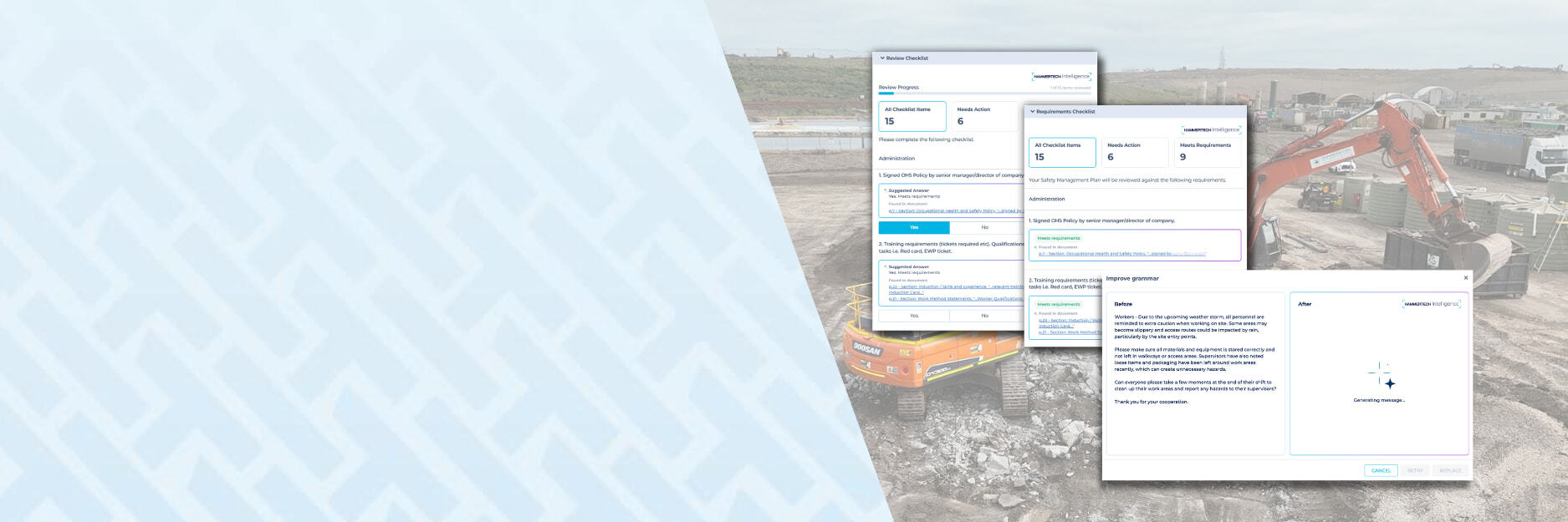 Image showing some HammerTech screenshots and a construction background behind it.