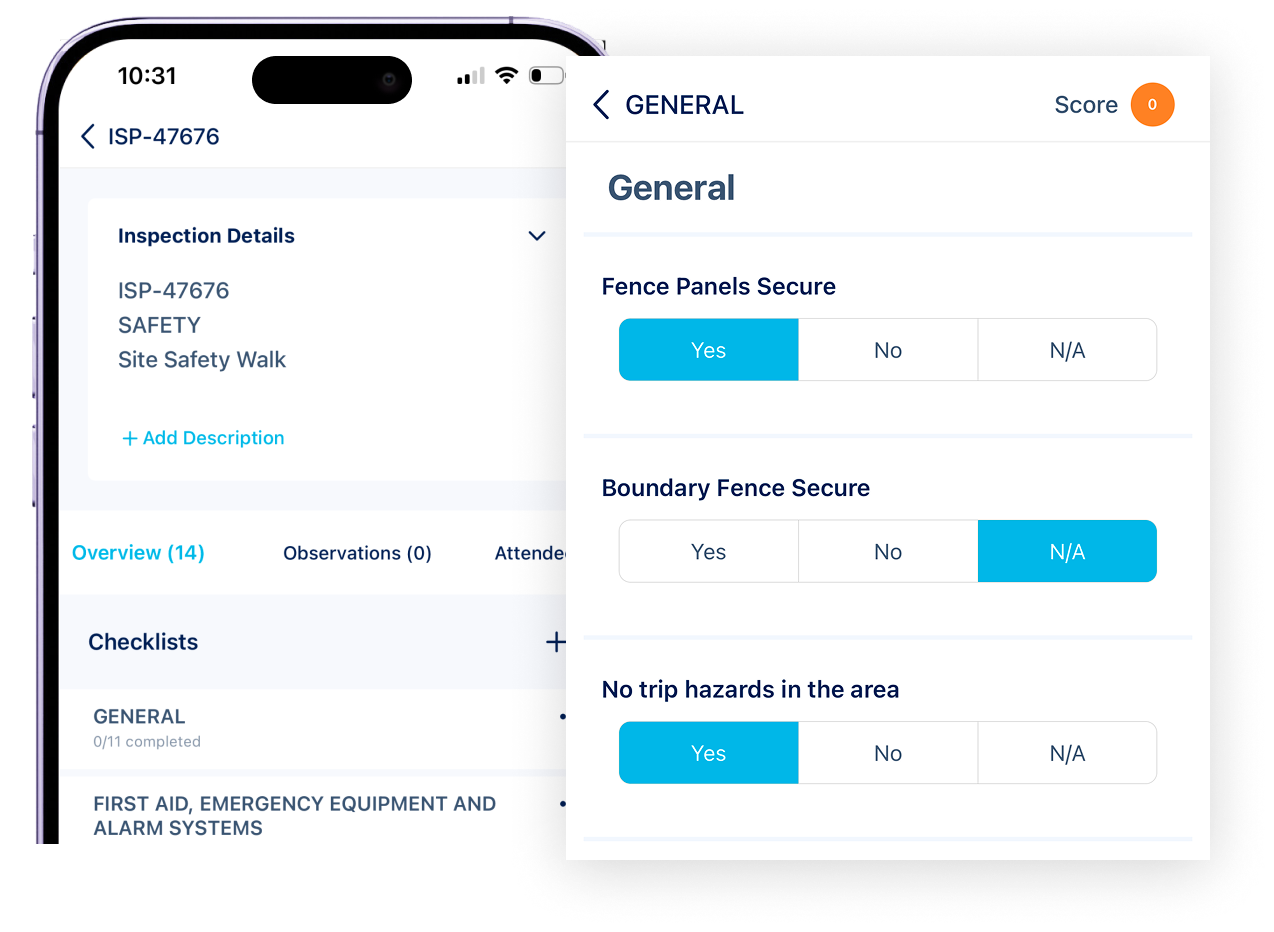 Shows mobile phone (mobile ready) and another screen to show inspection details and checklists to keep projects moving without compromising safety