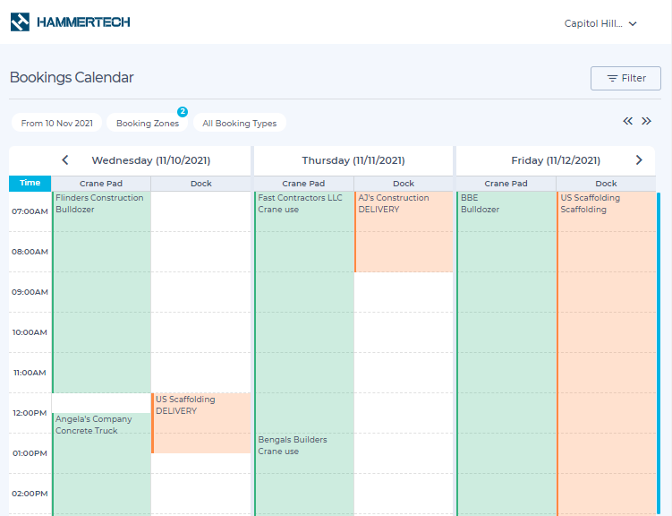 Construction project bookings calendar: Detailed view of HammerTech's dynamic bookings calendar, a digital solution for improving efficiency and coordination in construction project management. It prioritizes critical path works and reduces delays, enabling smoother delivery planning.