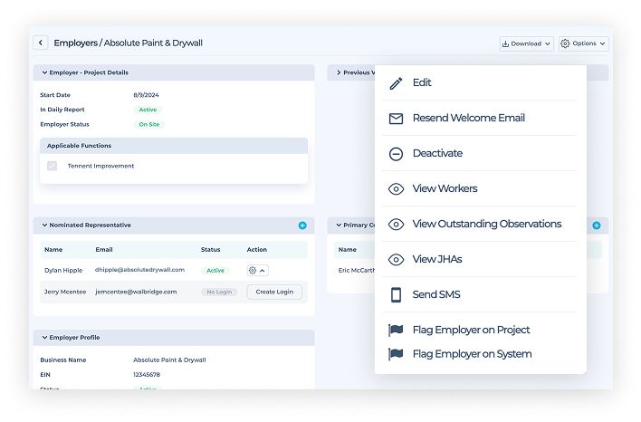 HammerTech dashboard showing an example of an employee dashboard and the ability to self-manage and edit