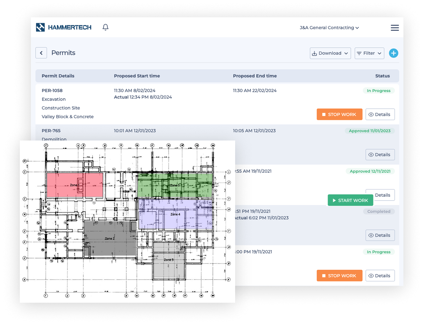 Shows permits and building plan that is color-coded for managing high-hazard permit processes