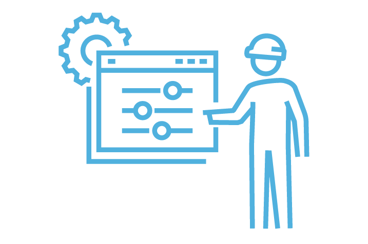 Icon of a worker pointing at charts, representing how difficult it is for subcontractors to manage crews across multiple projects