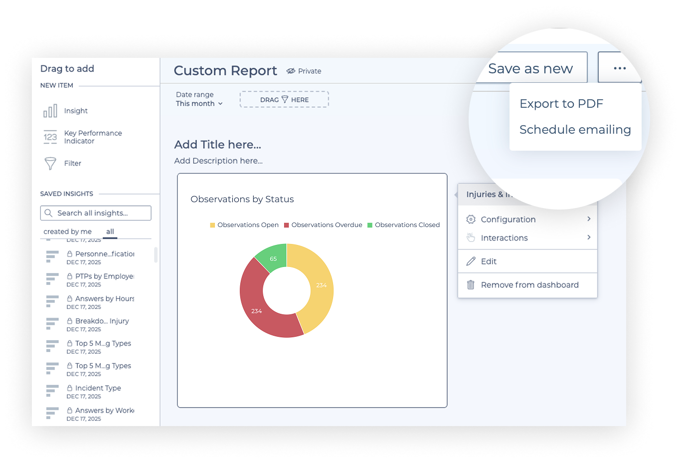 Image shows custom report that can be exported to PDF or emailed, and shows observations by status, and shows the very customizable capabilities of HammerTech for Civil & Infrastructure contractors.