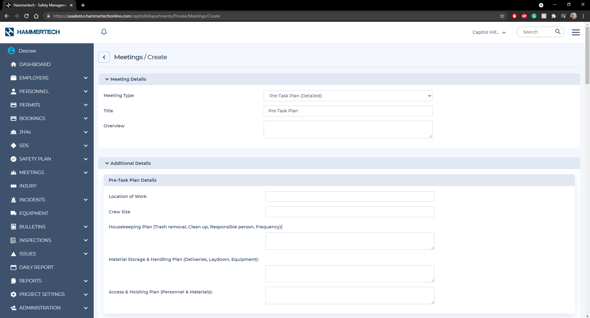 Detailed view of HammerTech's user-friendly mobile interface, a robust meetings management module. Designed for general contractors, this platform enables effective organization of daily pre-starts, toolbox talks, and agenda planning. It simplifies issue reporting and tracks meeting attendance, ensuring cohesive team operations and successful goal alignment in construction projects.