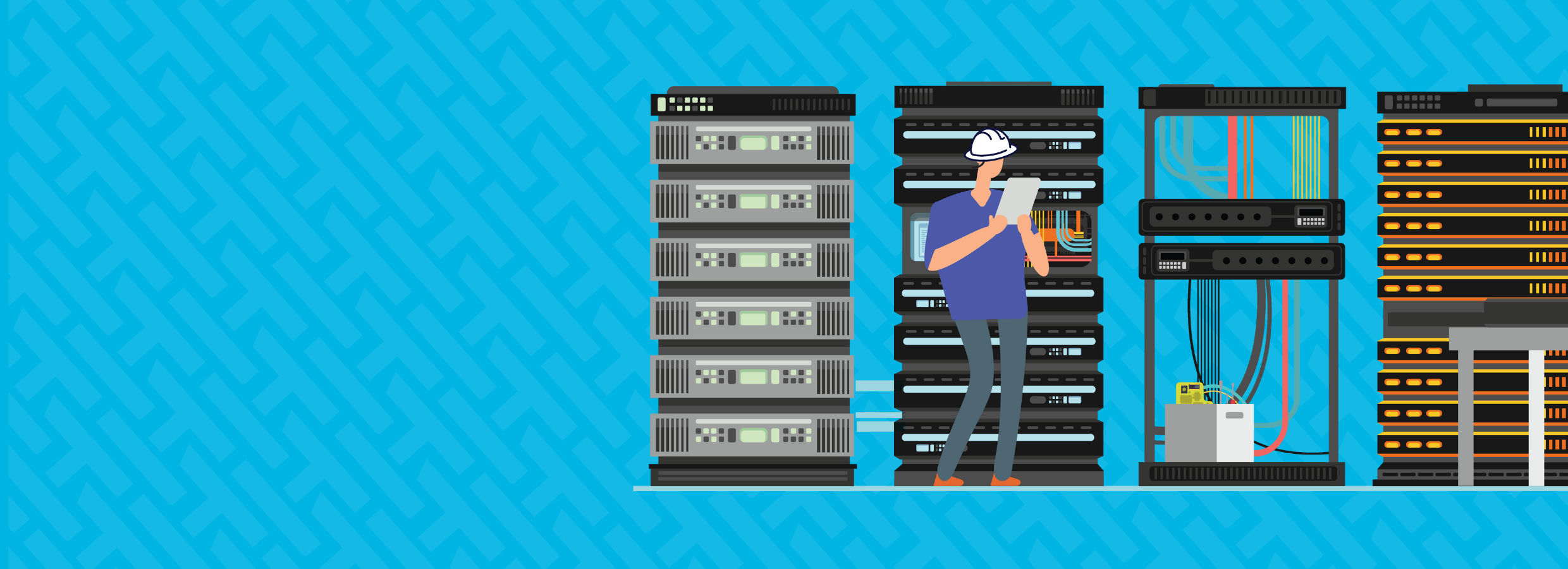An illustration of a construction worker on his tablet standing in front of server and storage datacenter stacks. 