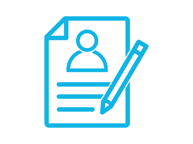 Icon of a pencil over a paper with a person, representing a HammerTech workflow for Orientations and worker info