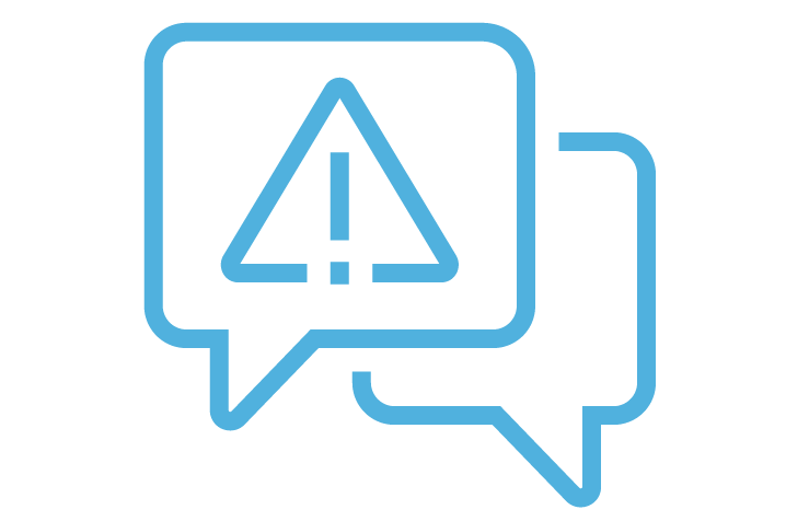 Icon of two speaking bubbles with a caution sign inside, representing inconsistent adoption of of safety workflows on typical job sites when not using HammerTech