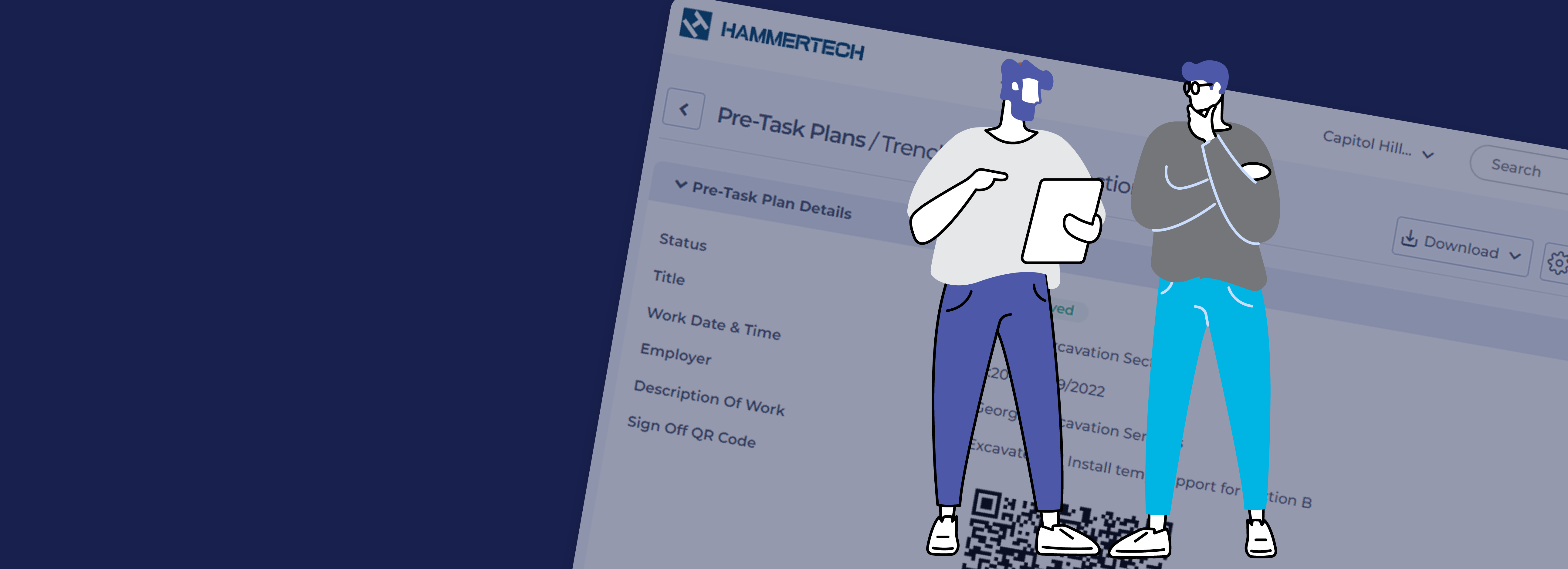 Image of two guys discussing the benefits of digital vs. paper-based pre task plan options. There is a screen of HammerTech's Pre-Task Plan module in the background. 