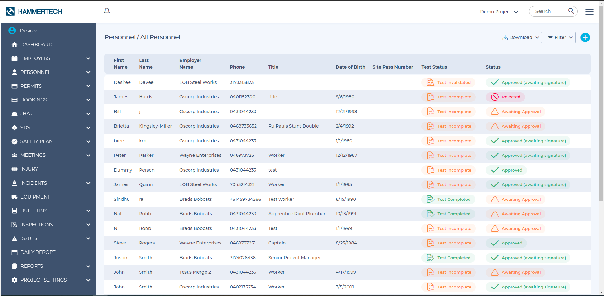 Construction site personnel management tool: Screenshot of HammerTech's Personnel Management module showcasing a real-time roster of workers, their employers, contact details, roles, test statuses and overall authorizations - a vital tool for ensuring safety and compliance in construction.