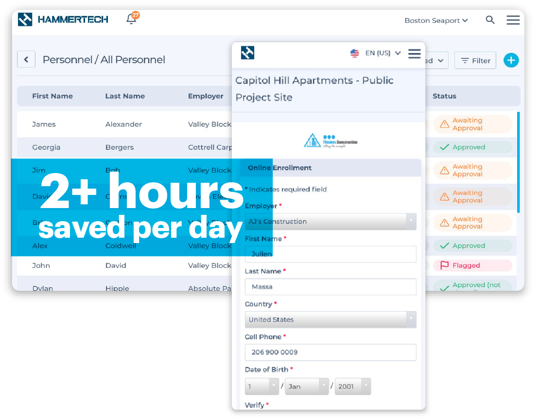 HammerTech dashboard on both desktop and mobile of personnel orientations. This is part of HammerTech EHS construction safety software. 