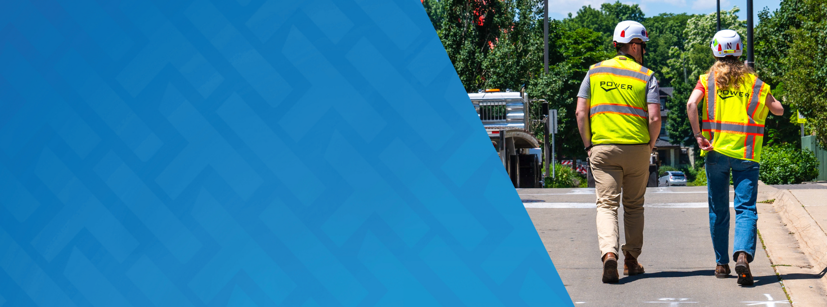 Left side shows light blue HammerTech background. Right side shows two Power Construction employees walking down the road near a construction site.