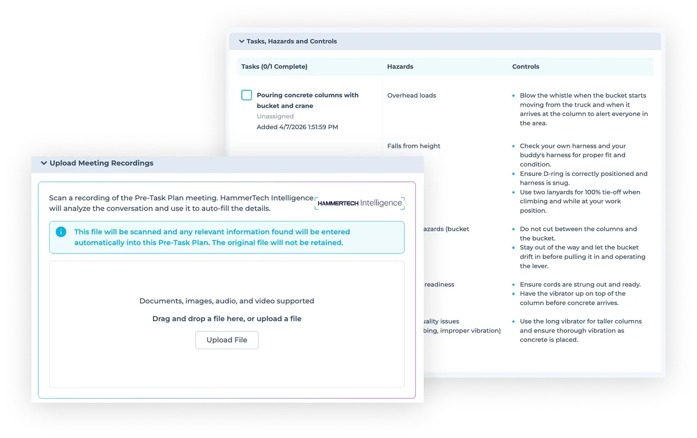 Safe Plan of Action - Cut planning time without cutting corners on safety showing HammerTech dashboards with uploaded meeting recordings and lists of hazards and controls completed with AI