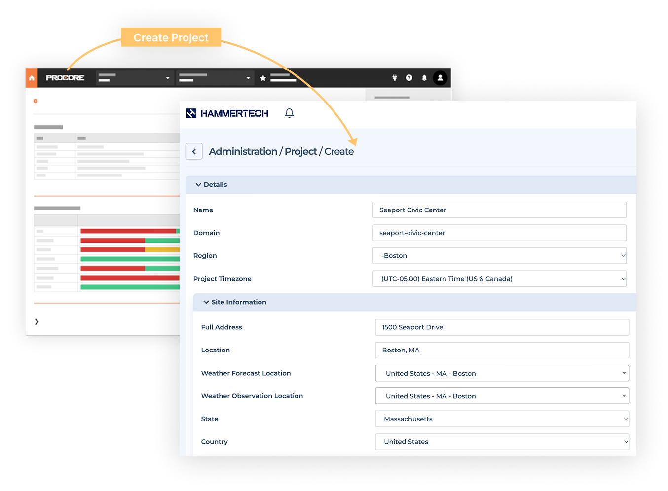 Procore project information syncing into the HammerTech project creation screen through HammerTech Sync.