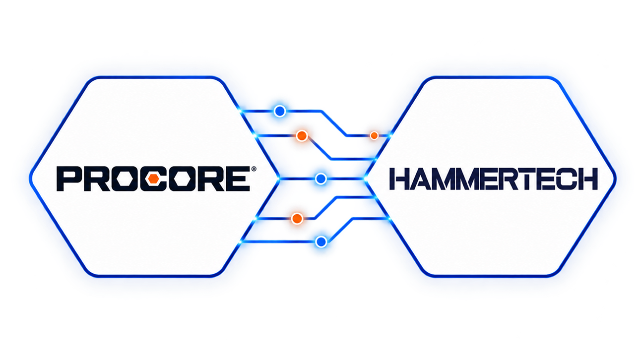 Procore and HammerTech connected by digital data pathways, representing the integration between both platforms.