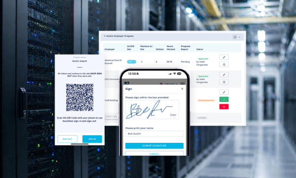 Shows the hammerTech construction safety platform dashboards and screens overlaying a data center interior.