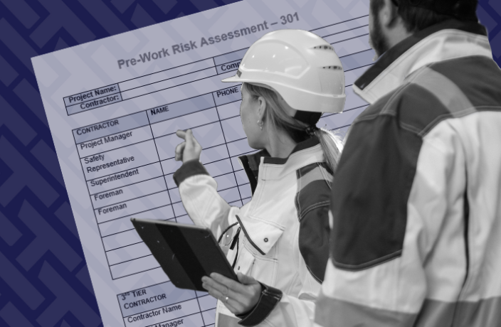 Image of two construction workers wearing proper PPE, holding a tablet, and looking back and a Pre-Work Risk Assessment over a HammerTech background.