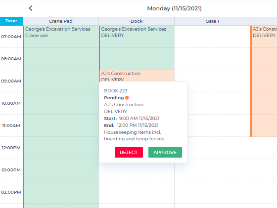 Pending construction delivery booking options: Close-up of HammerTech's interactive booking system, showing the option to accept or reject pending bookings. This automated system enhances real-time communication and collaboration between general contractors and trade partners.