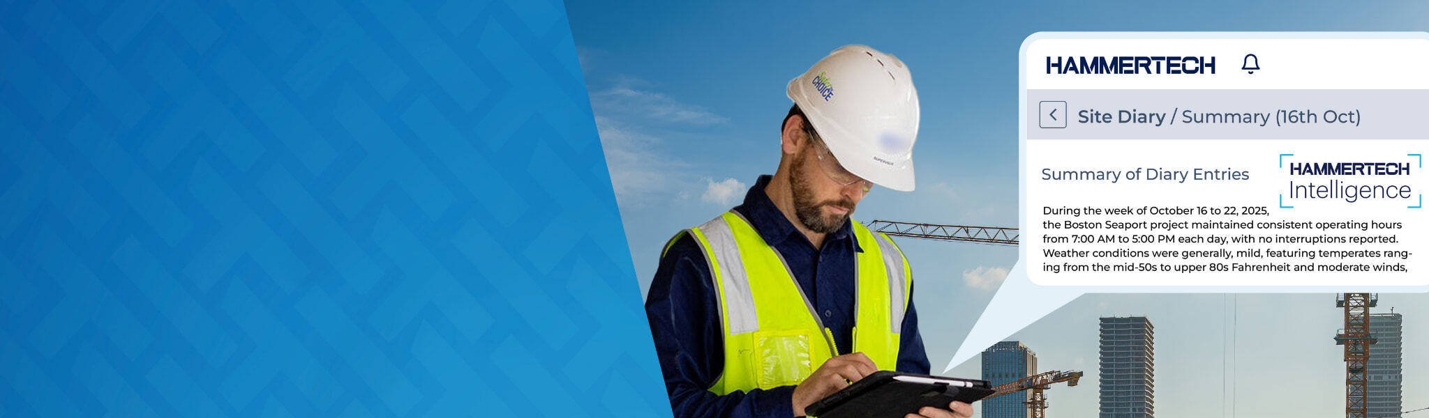 Product release roundup with AI and product feature updates for faster, safer sites. Shows construction worker with site diary and HammerTech Intelligence logo AI-powered construction safety.
